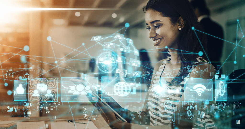 Connectivity, cloud technology, and data flow graphic with woman