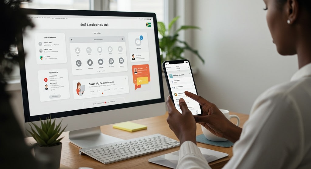 Woman using a desktop and smartphone to access a self-service help portal with IVR options, live chat, and ticket tracking in a modern home office.