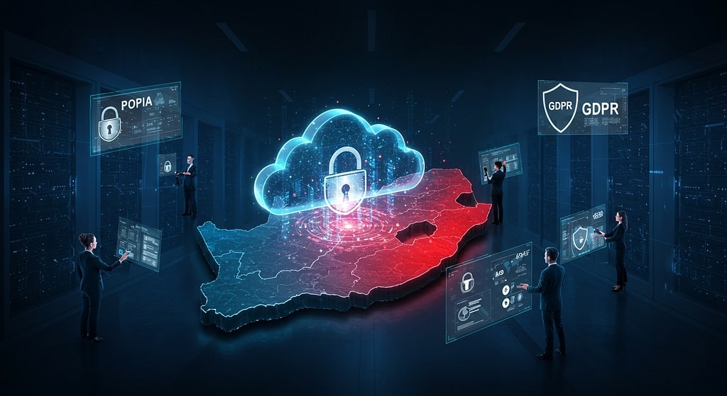 Illustration of cloud data security over a digital map of South Africa, with POPIA and GDPR compliance symbols, representing cloud-based compliance and data protection.