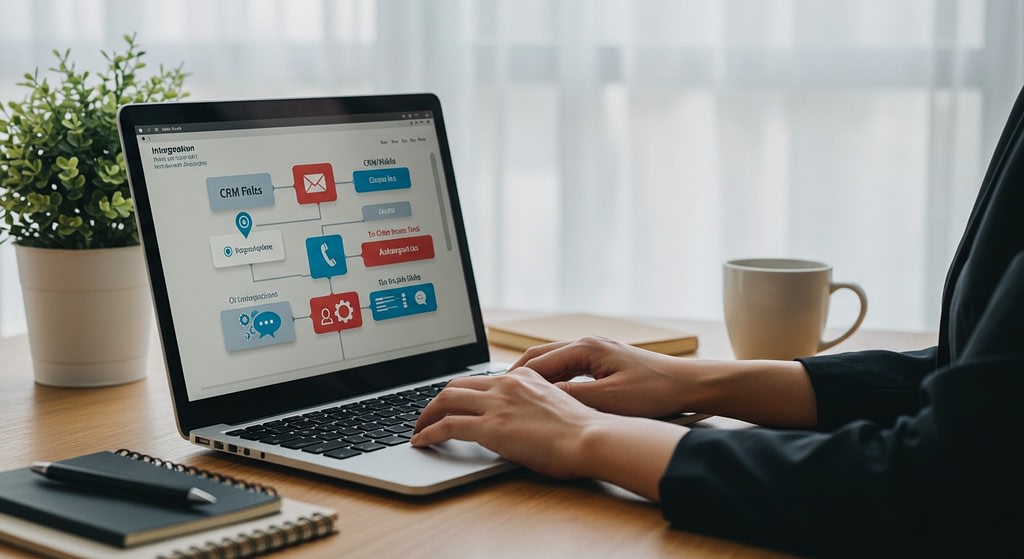 Person using a laptop with a visual CRM integration dashboard showing communication tools like email, chat, and phone icons in a business setting.
