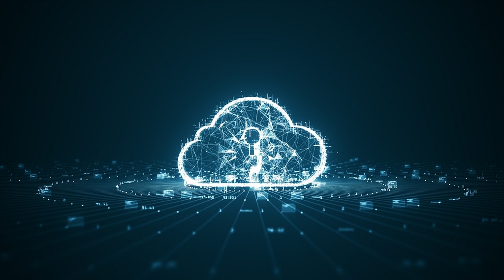 A glowing white cloud graphic surrounded by a network of lines and data points.