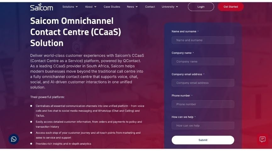 Saicom Omnichannel Contact Centre CCaaS landing page