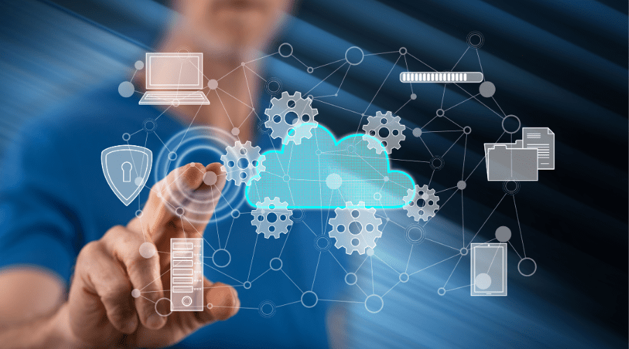 human interacting with secure cloud network visualisation