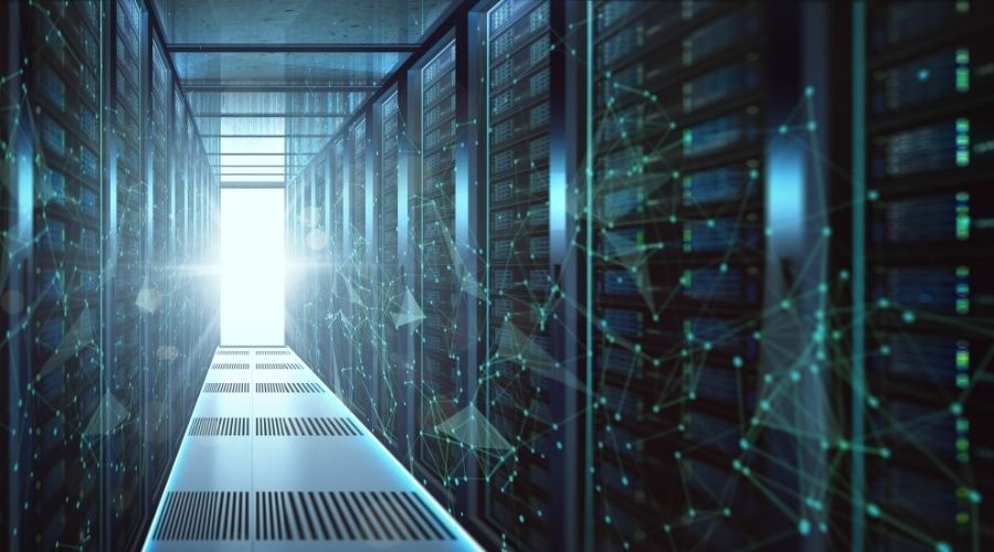 A data management centre with green geometric shapes lining each side.